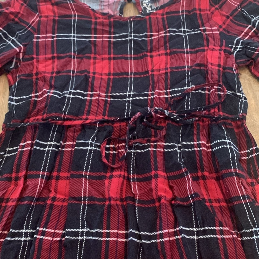 Red & Black Plaid A-Line Grunge Dress Keyhole Back 3/4 Sleeve Baby Doll - Picture 4 of 7